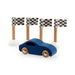 Blue wooden toy car with natural wood wheels and four checkered race flags on wooden poles
