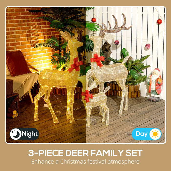 3-piece LED deer family Christmas decoration set with red bows, shown in day and night settings