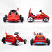 Four red toy go-karts with branding on a white background