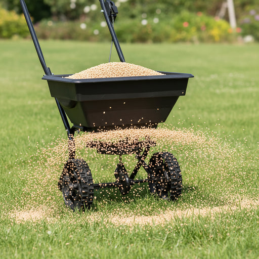 Walk-behind salt and fertilizer spreader on grass, spreading granules from 15L hopper