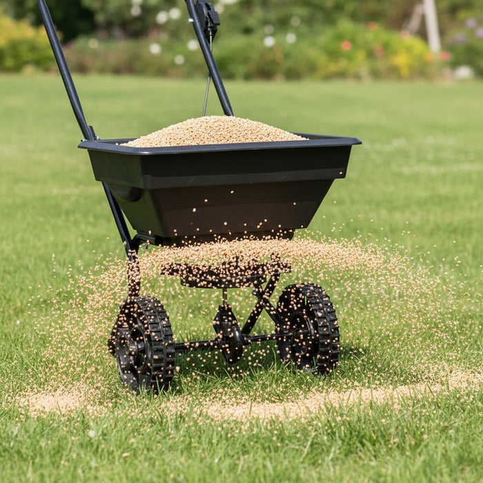 Walk-behind salt and fertilizer spreader on grass, spreading granules from 15L hopper