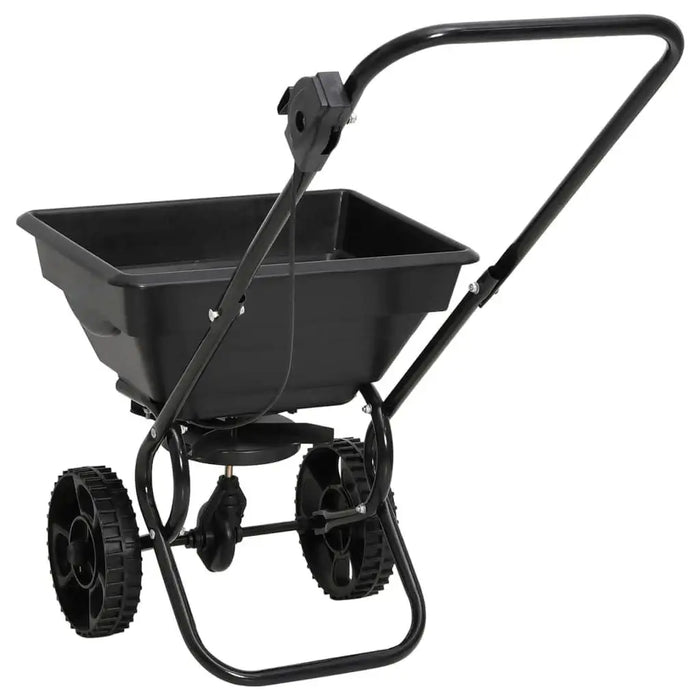 Black walk-behind salt and fertilizer spreader with large wheels and 15L hopper