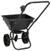 Black walk-behind salt and fertilizer spreader with large wheels and 15L hopper