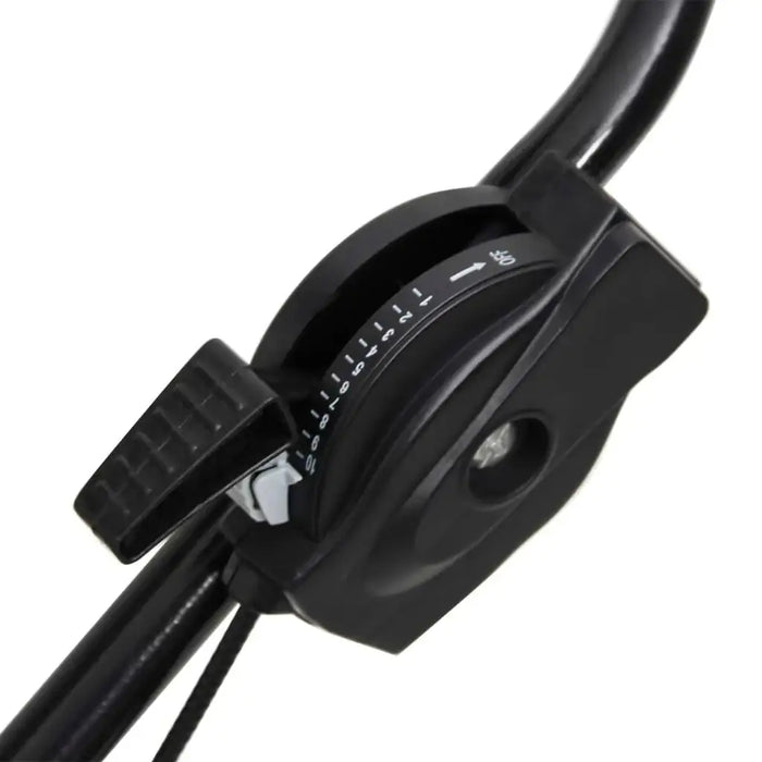 Close-up of adjustable 10-speed control lever on walk-behind salt and fertilizer spreader