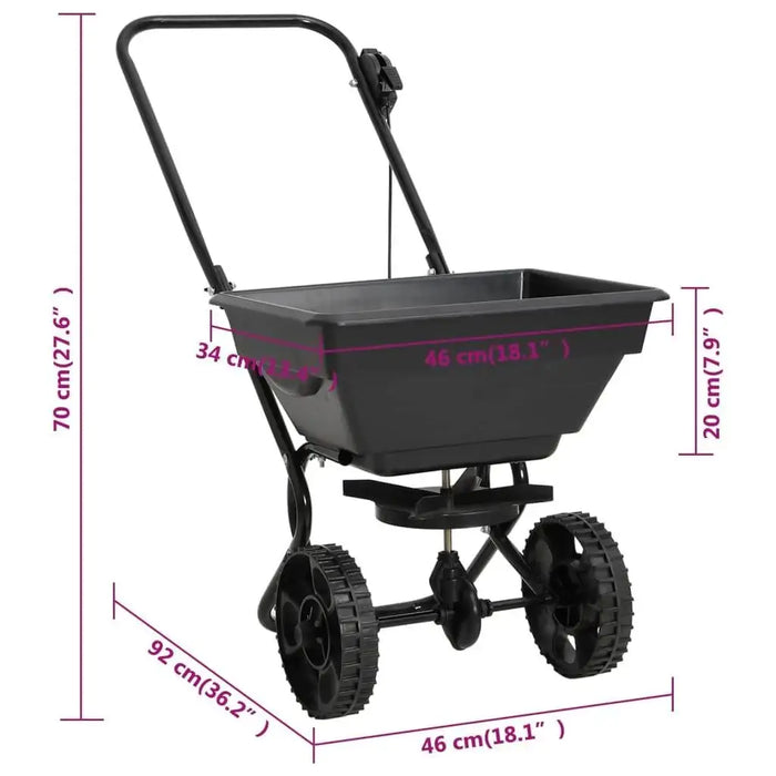 Black walk-behind salt and fertilizer spreader with 15L hopper and two large wheels, shown with labeled dimensions.