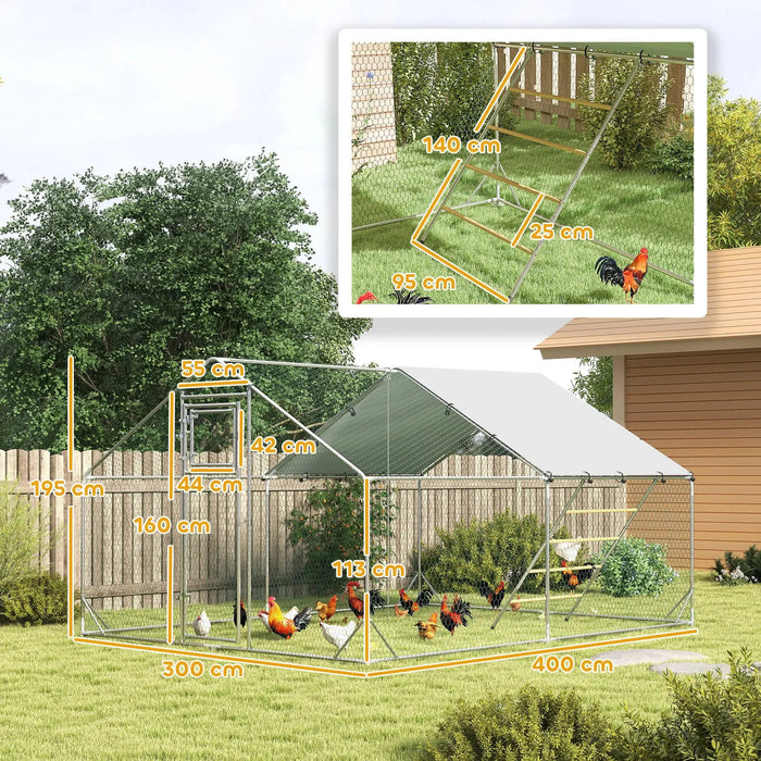 Walk-In Chicken Run with Cover and Feeding Door | 12-18 Poultry | (300 x 400 x 195cm) - Little and Giant Explorers PawHut