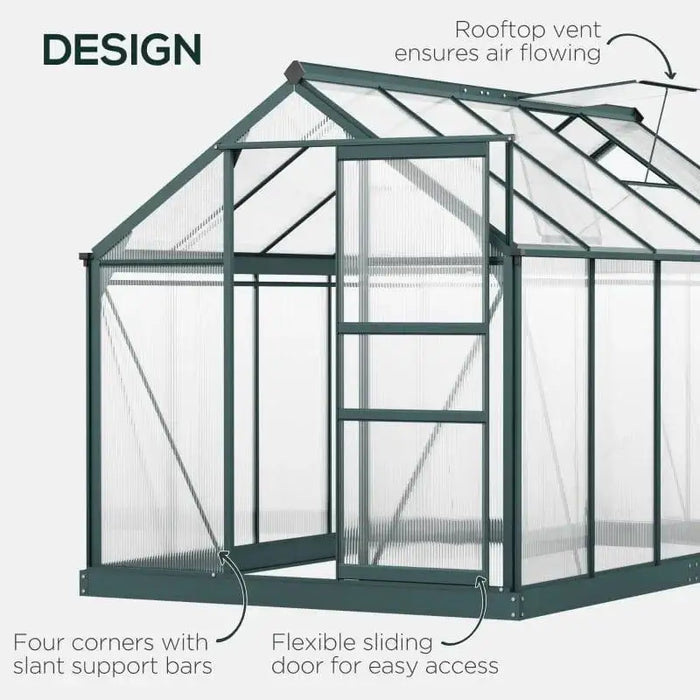 Walk-in greenhouse with dark green aluminium frame, sliding door, rooftop vent, slant bars