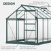 Walk-in greenhouse with dark green aluminium frame, sliding door, rooftop vent, slant bars
