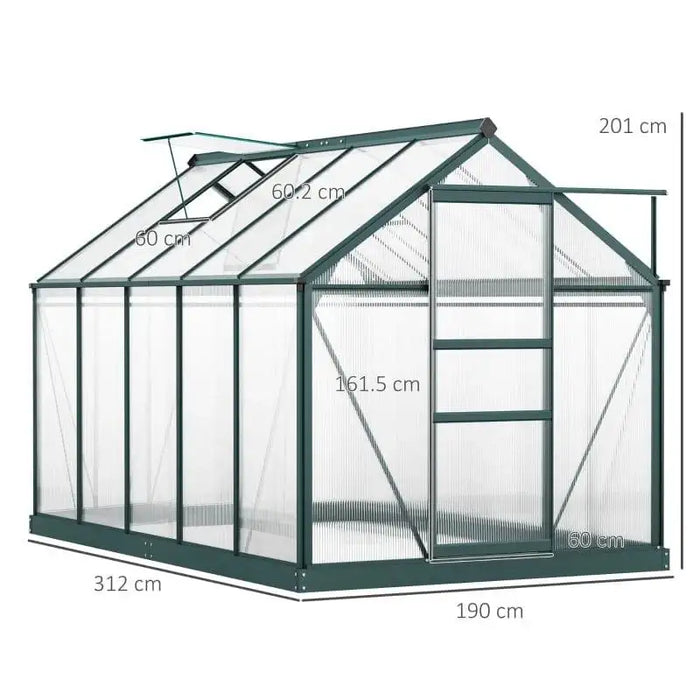 6ft x 10ft walk-in greenhouse with aluminium frame, sliding door, roof vent, and dimensions labeled