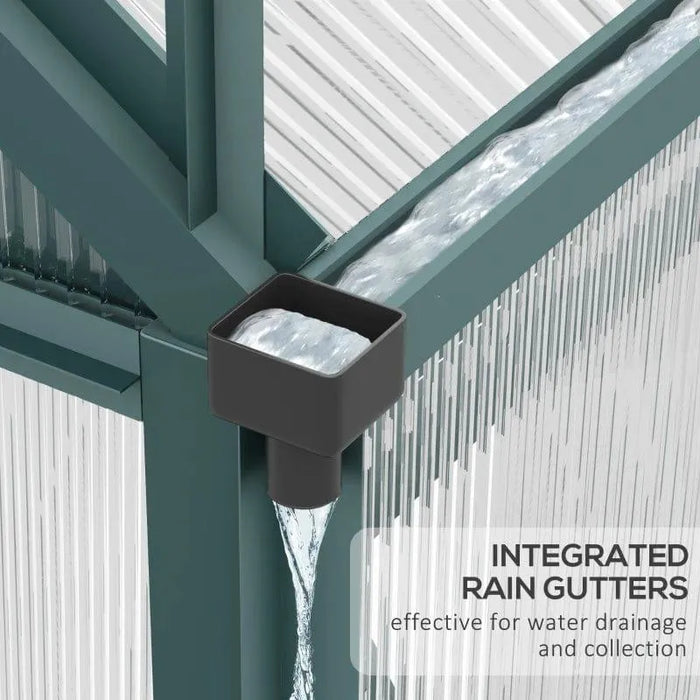 Close-up of walk-in greenhouse aluminum frame with integrated rain gutters draining water.