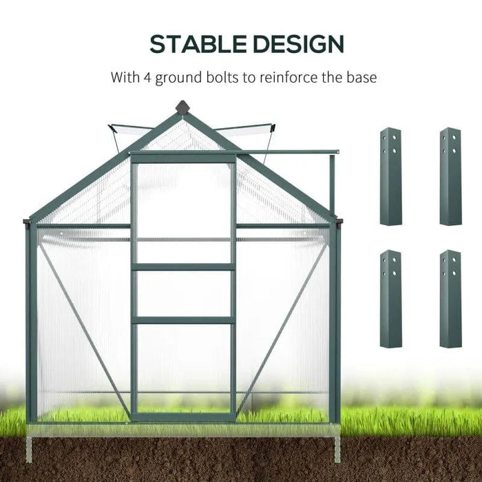 Walk-in greenhouse with aluminum frame, sliding door, roof vent, and ground bolts shown