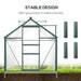 Walk-in greenhouse with aluminum frame, sliding door, roof vent, and ground bolts shown