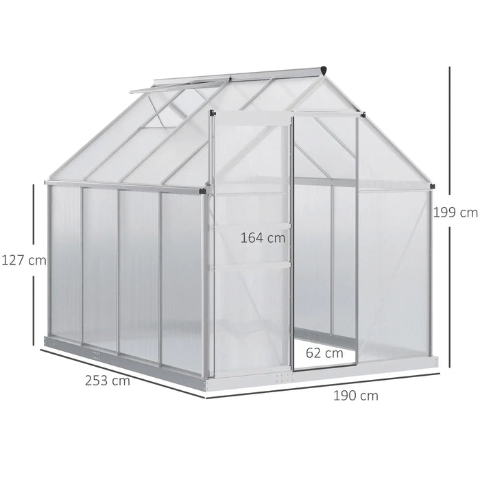 Polycarbonate Greenhouse 190x253cm Silver Tone | Walk-In Design with Five-Level Window - Little and Giant Explorers Outsunny