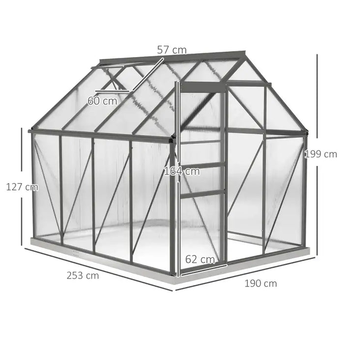 Walk-In Polycarbonate Greenhouse - 190x253cm | Dark Grey Aluminium Frame and Base OUTSUNNY - Little and Giant Explorers Outsunny