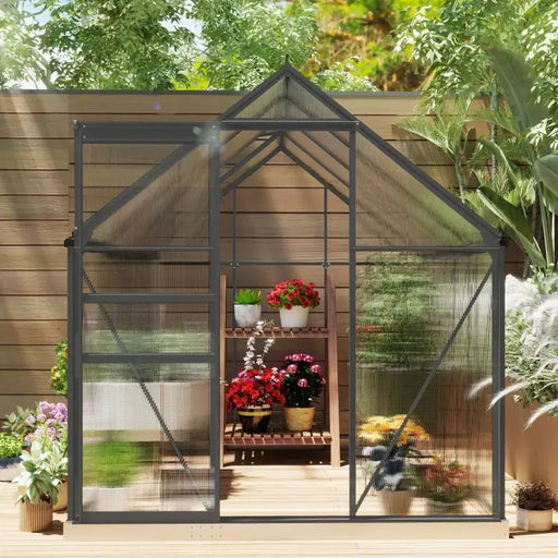 Walk-In Polycarbonate Greenhouse - 190x253cm | Dark Grey Aluminium Frame and Base OUTSUNNY - Little and Giant Explorers Outsunny