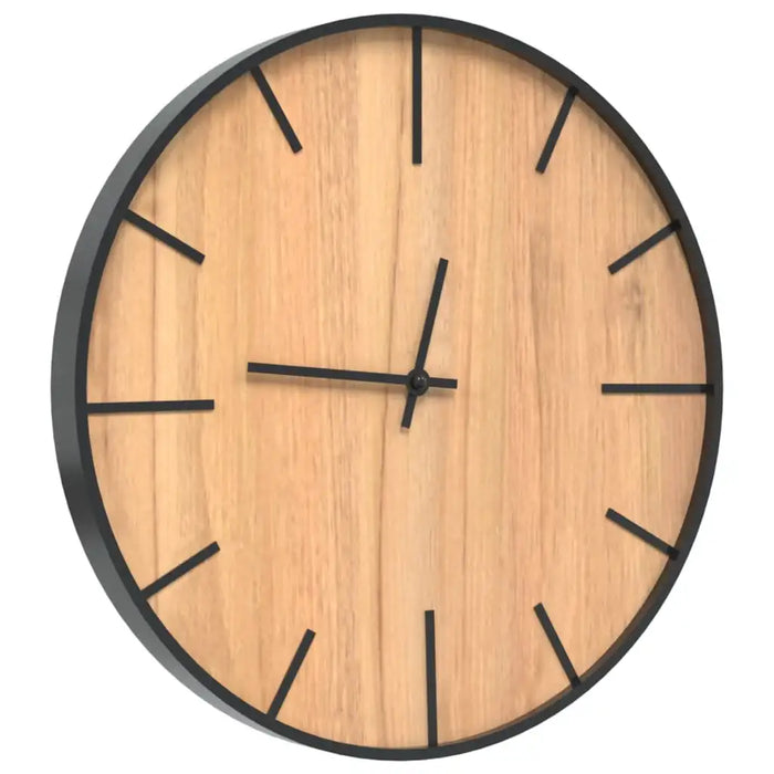 Round 39cm rustic wooden wall clock with black metal hour markers and silent quartz movement