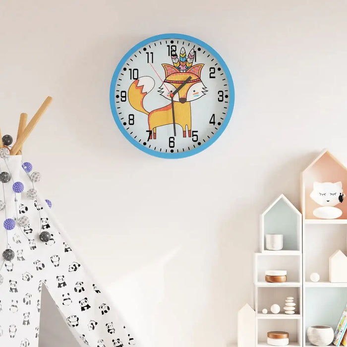 Children's wall clock with a fox design on a wall in a room with toys and a shelf.
