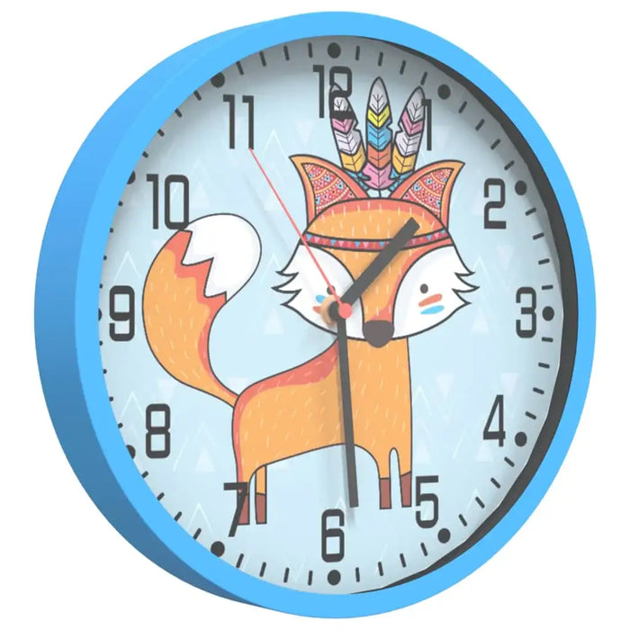 Children's wall clock with a fox design on a light blue background