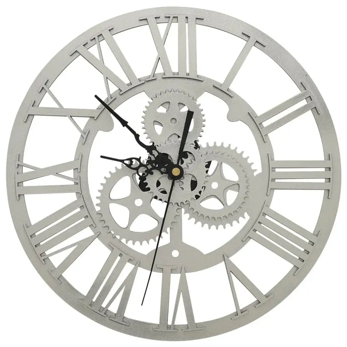 Decorative wall clock with mechanical design on a white background