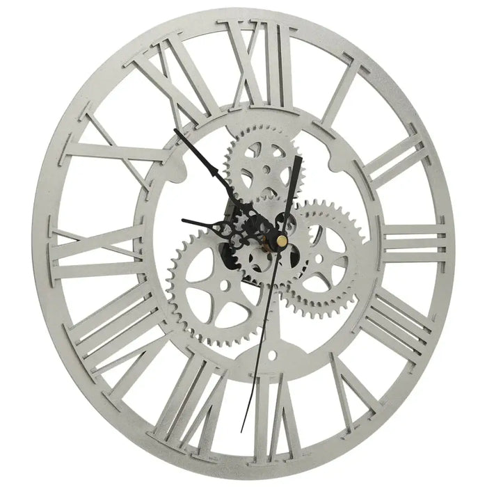 Decorative wall clock with mechanical design on a white background