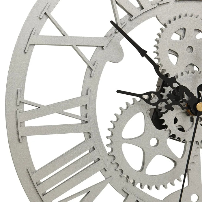 Close-up of a clock with mechanical gear design on a white background