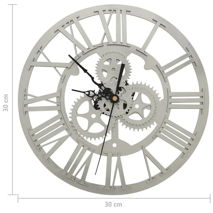 Decorative wall clock with mechanical gears and Roman numerals, shown with dimensions.