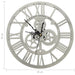 Decorative wall clock with mechanical gears and Roman numerals, shown with dimensions.