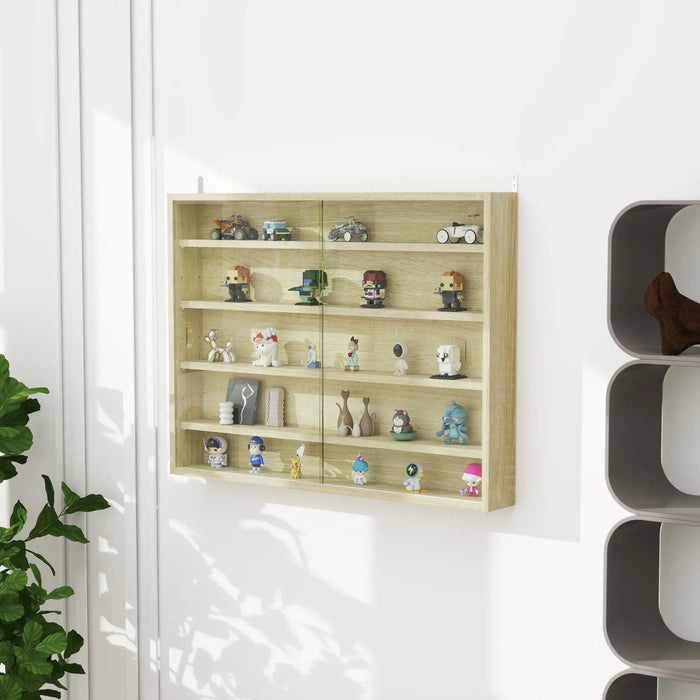 Wall Display Cabinet | Oak Finish with 5 Adjustable Tiers - Little and Giant Explorers HOMCOM
