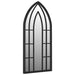 Tall arched wall mirror with black metal frame and geometric grid design