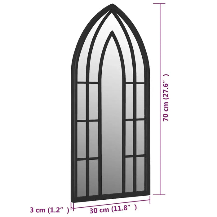 Gothic style arched black framed mirror measuring 70cm high and 30cm wide