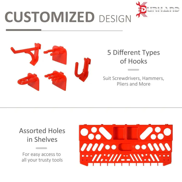 Wall-Mount Tool Holder – Grey and Red | Pegboard Storage with Hooks and Shelves DURHAND - Little and Giant Explorers DURHAND