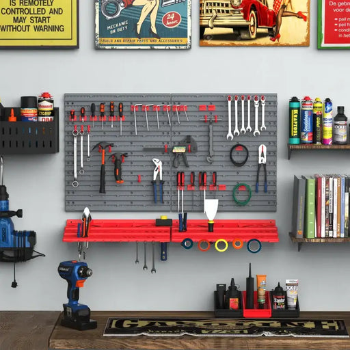 Wall-Mount Tool Holder – Grey and Red | Pegboard Storage with Hooks and Shelves DURHAND - Little and Giant Explorers DURHAND