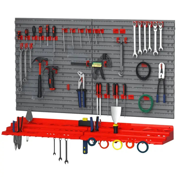 Wall-Mount Tool Holder – Grey and Red | Pegboard Storage with Hooks and Shelves DURHAND - Little and Giant Explorers DURHAND