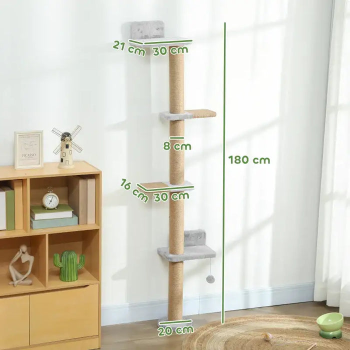 Wall-Mounted Cat Climbing Tower – 180cm | Sisal-Wrapped Post and Platforms PAWHUT - Little and Giant Explorers PawHut