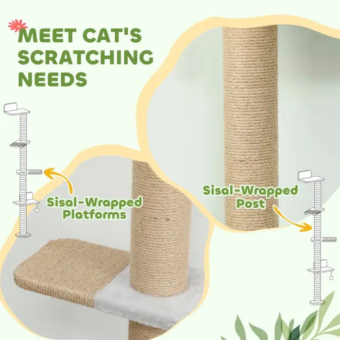 Wall-Mounted Cat Climbing Tower – 180cm | Sisal-Wrapped Post and Platforms PAWHUT - Little and Giant Explorers PawHut