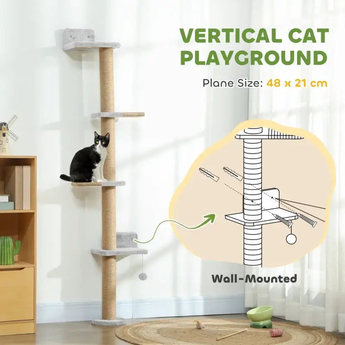 Wall-Mounted Cat Climbing Tower – 180cm | Sisal-Wrapped Post and Platforms PAWHUT - Little and Giant Explorers PawHut