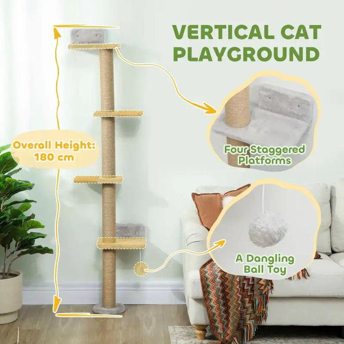 Wall-Mounted Cat Climbing Tower – 180cm | Sisal-Wrapped Post and Platforms PAWHUT - Little and Giant Explorers PawHut