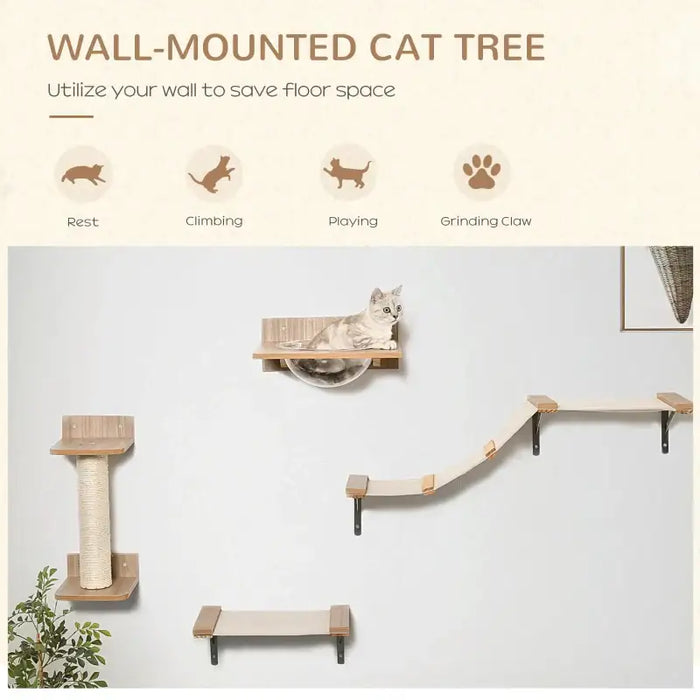Wall-Mounted Cat Shelves with Hammock and Scratching Post | 4-Piece Cat Climbing Set PAWHUT - Little and Giant Explorers PawHut