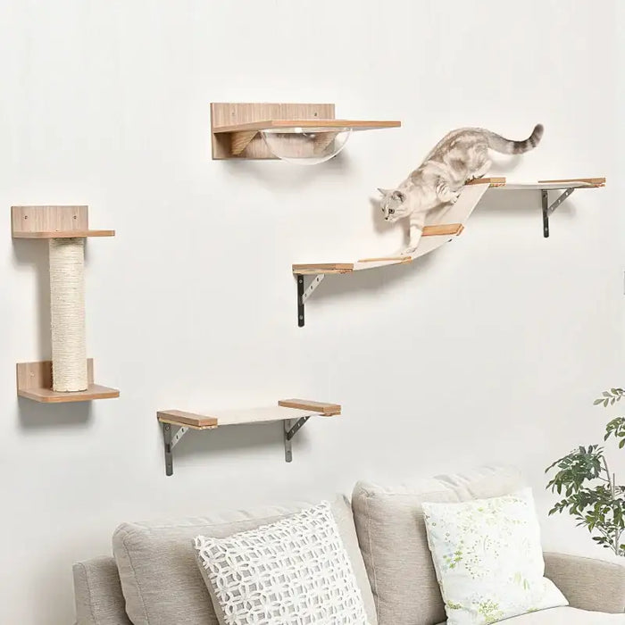 Wall-Mounted Cat Shelves with Hammock and Scratching Post | 4-Piece Cat Climbing Set PAWHUT - Little and Giant Explorers PawHut