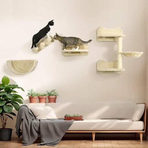 Wall-Mounted Cat Shelves with Hammock, Nest and Platforms | Plush and Sisal Climbing Wall PAWHUT - Little and Giant Explorers PawHut