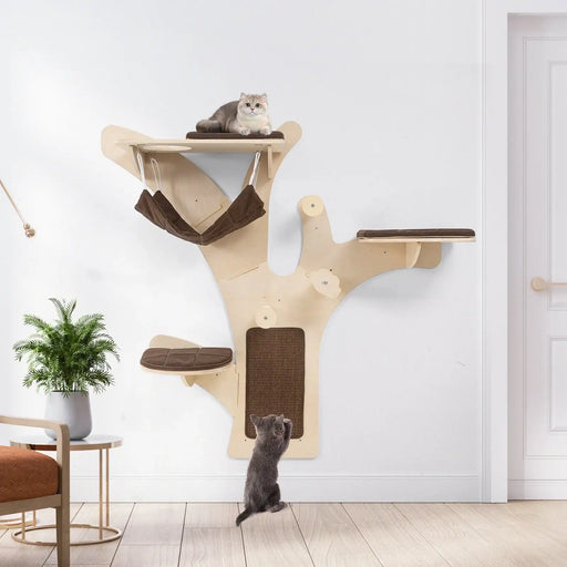 Wall-Mounted Cat Tree Natural Brown | Tree-Shaped Structure with Four Levels - Little and Giant Explorers Costway