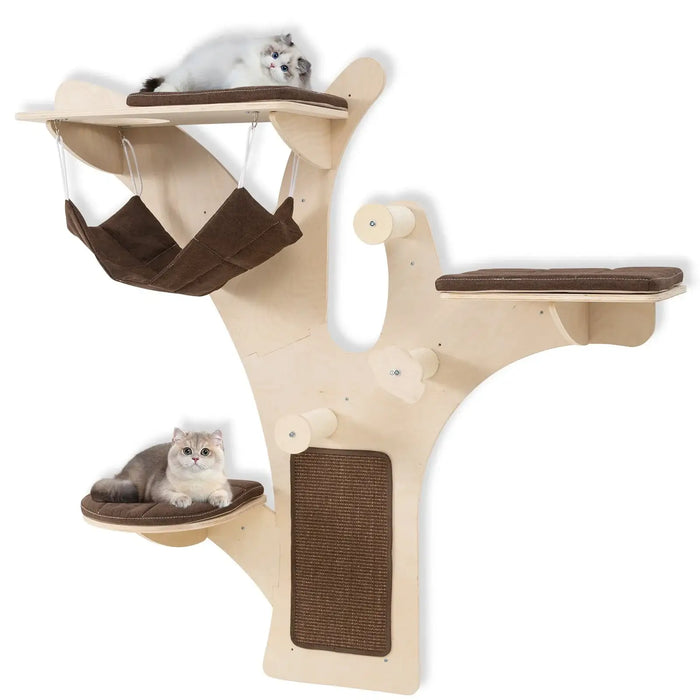 Wall-Mounted Cat Tree Natural Brown | Tree-Shaped Structure with Four Levels - Little and Giant Explorers Costway