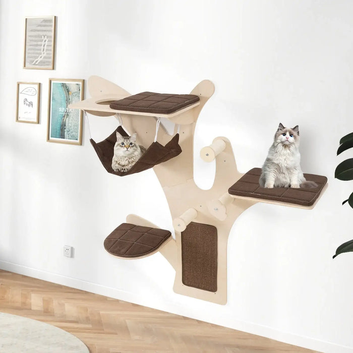Wall-Mounted Cat Tree Natural Brown | Tree-Shaped Structure with Four Levels - Little and Giant Explorers Costway