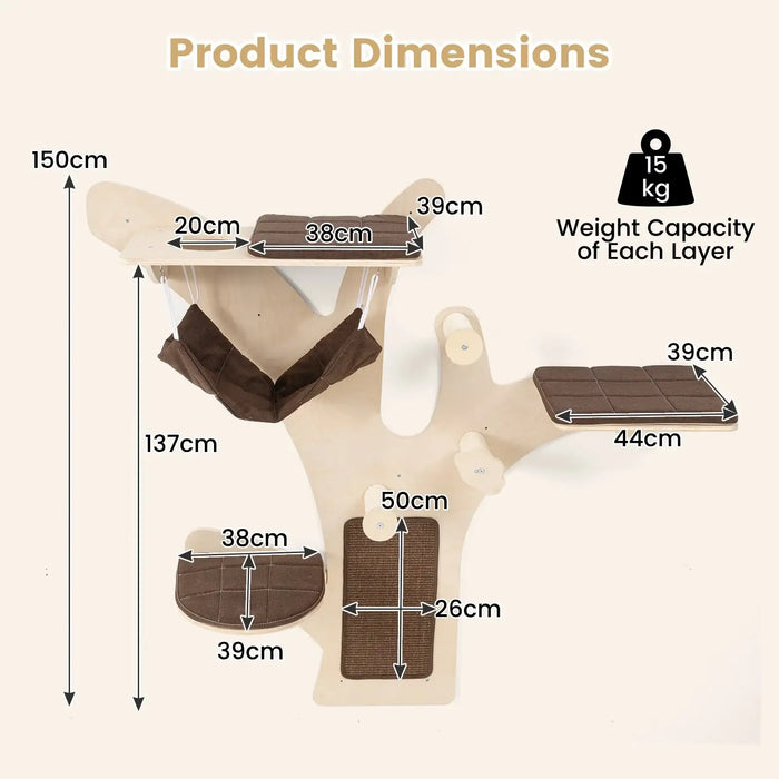Wall-Mounted Cat Tree Natural Brown | Tree-Shaped Structure with Four Levels - Little and Giant Explorers Costway