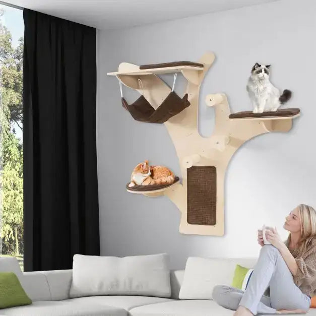 Wall-Mounted Cat Tree Natural Brown | Tree-Shaped Structure with Four Levels - Little and Giant Explorers Costway