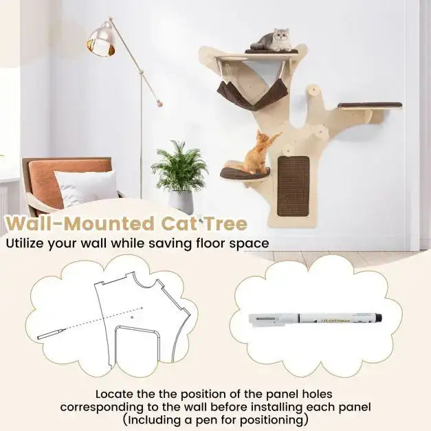 Wall-Mounted Cat Tree Natural Brown | Tree-Shaped Structure with Four Levels - Little and Giant Explorers Costway