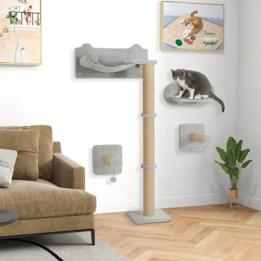 Wall-Mounted Cat Tree with Four-Piece Shelf Set | Plush and Jute Climbing Furniture PAWHUT - Little and Giant Explorers PawHut