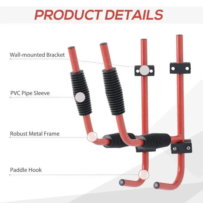 Heavy duty wall-mounted kayak rack with red metal frame, PVC sleeves, and paddle hooks