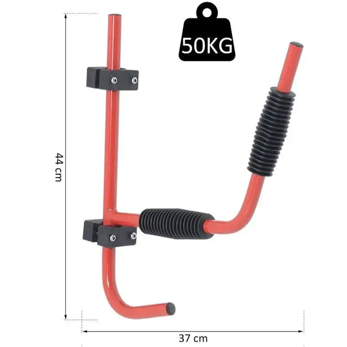 Wall-mounted heavy duty red iron kayak rack with 50kg weight limit and black padding, 44x37cm.