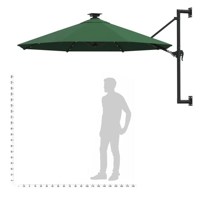 Wall-mounted green parasol with crank lift, 3m canopy, shown with size guide